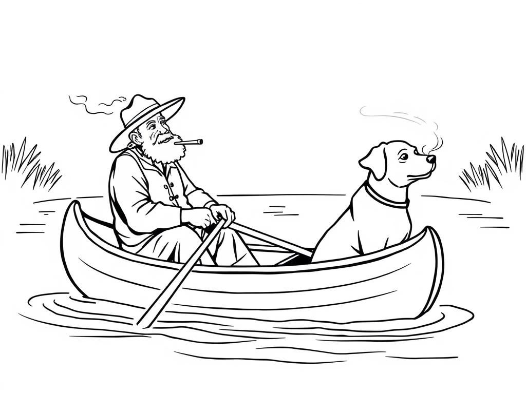 night view of canoe with a brown dog at right and  cigaret smoking old man with hat at left on canoe looking both at right