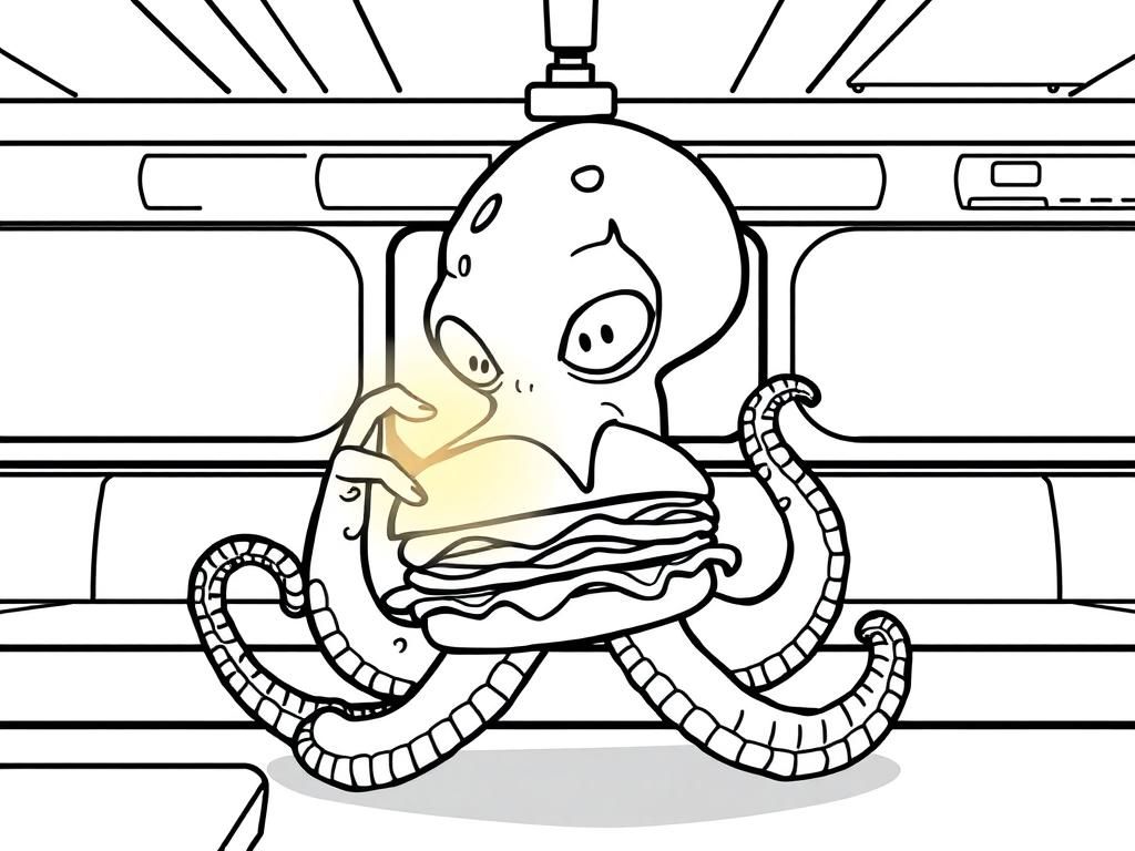 Octopus alien with light eating a hamburger in a subway