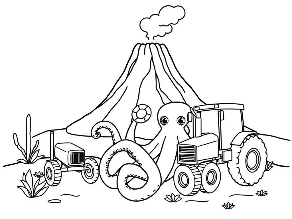 octopus next to vulcano and tractor