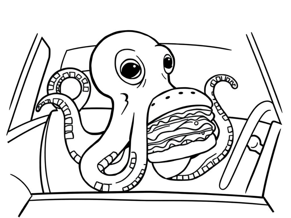 Preview of Octopus with light eating a hamburger in a car