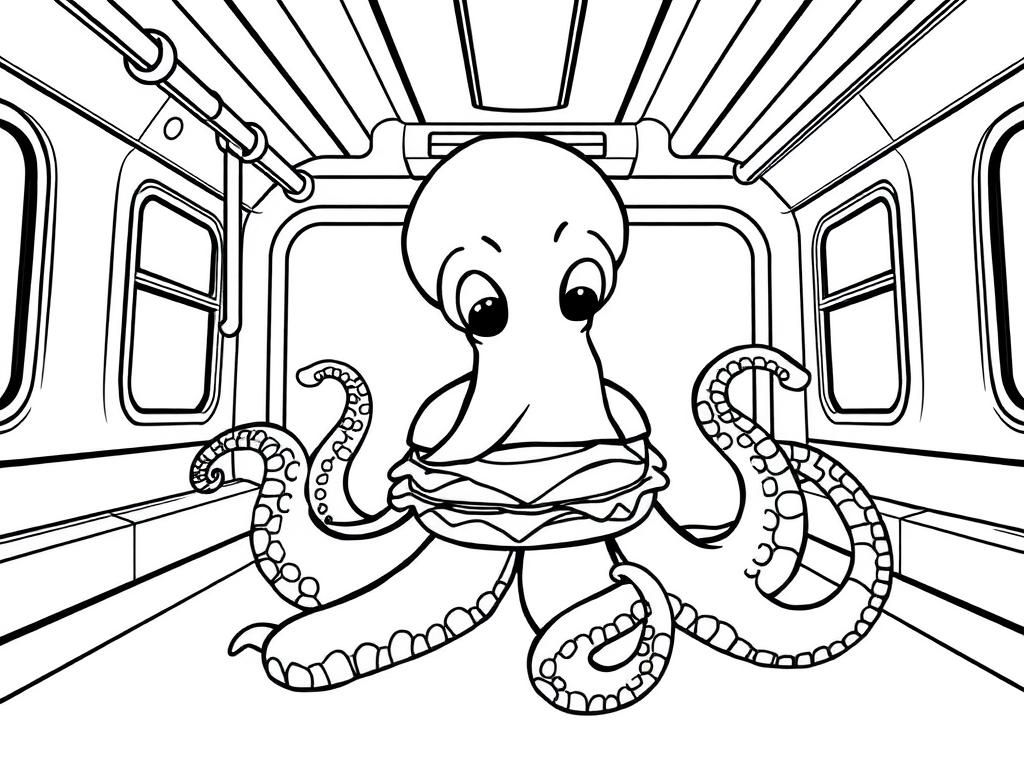 Octopus with light eating a hamburger in a subway