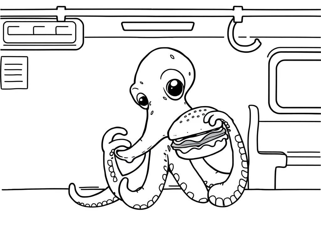 Octopus with light eating a hamburger in a subway