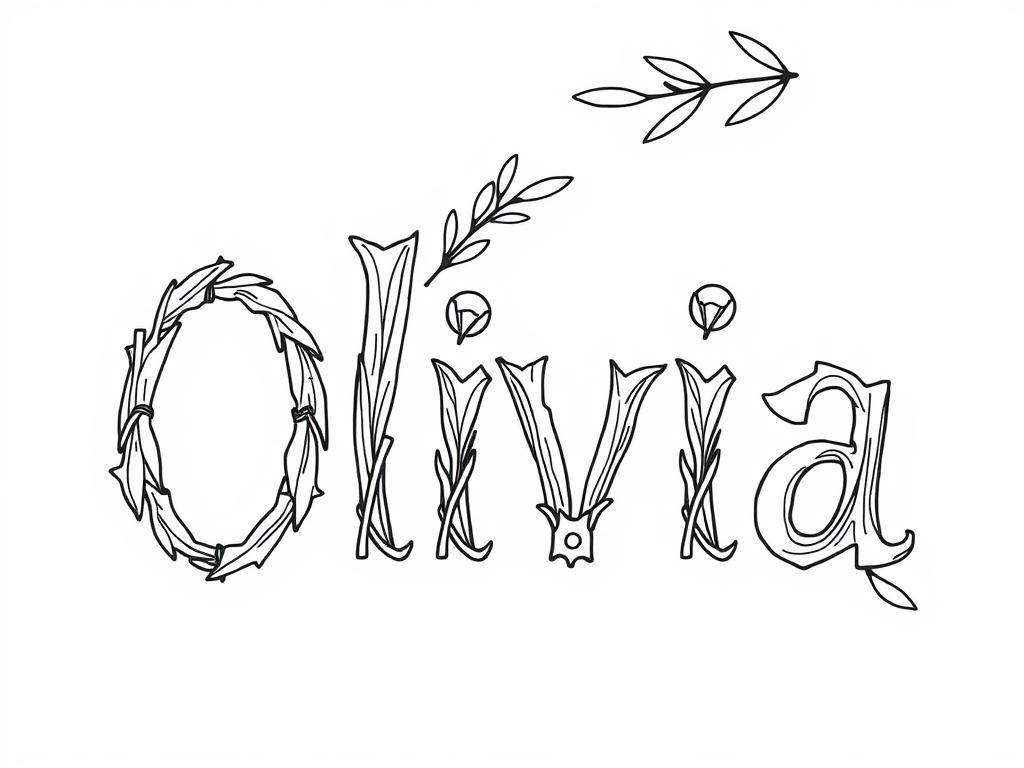 "Olivia" in big letters made out of olive tree branches - Free Printable Coloring Page