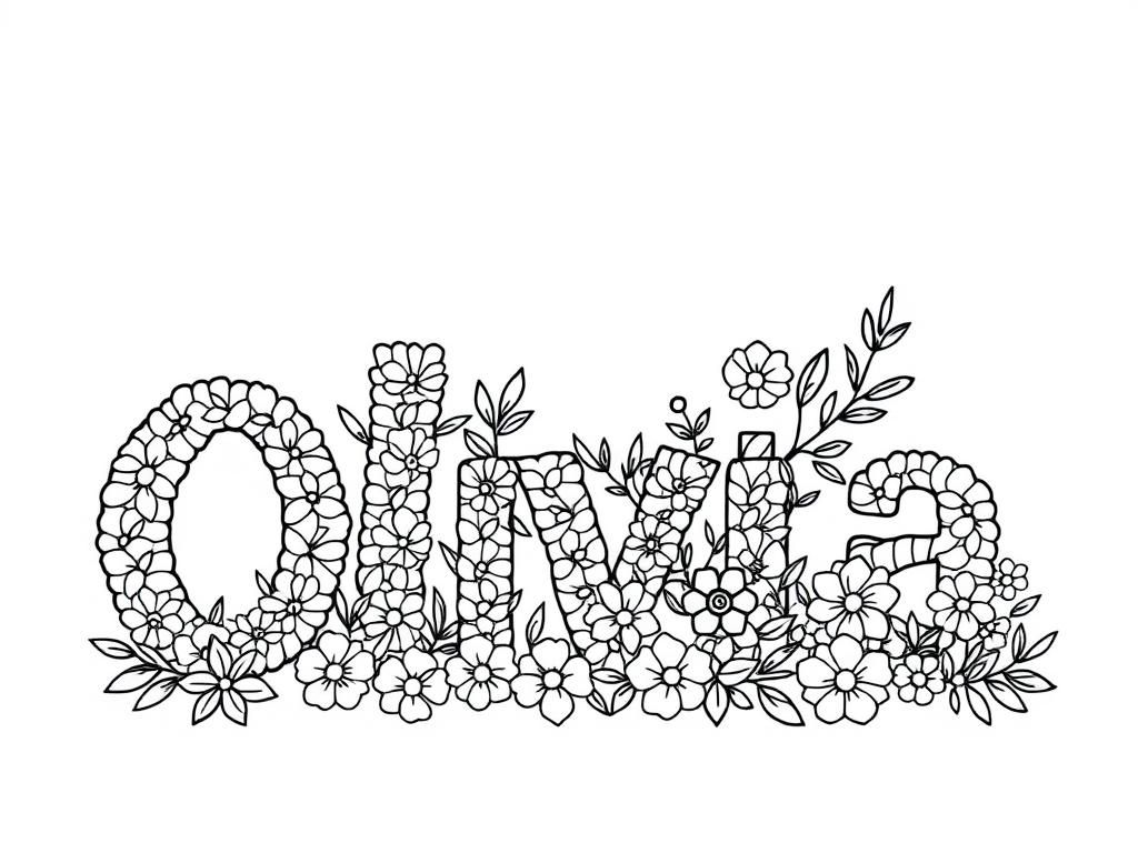 "Olivia" in big letters made out of olive trees and lots of flowers