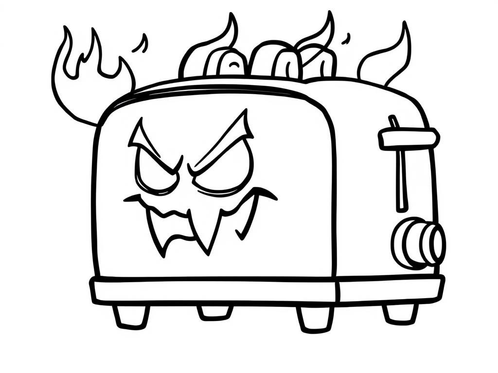 one evil toaster with fire and smoke coming out of the slots