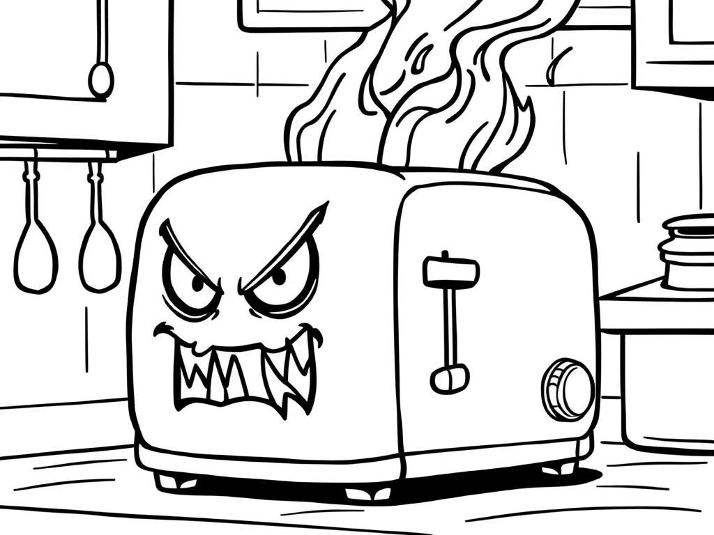 one evil toaster with fire and smoke coming out of the slots in a kitchen scene