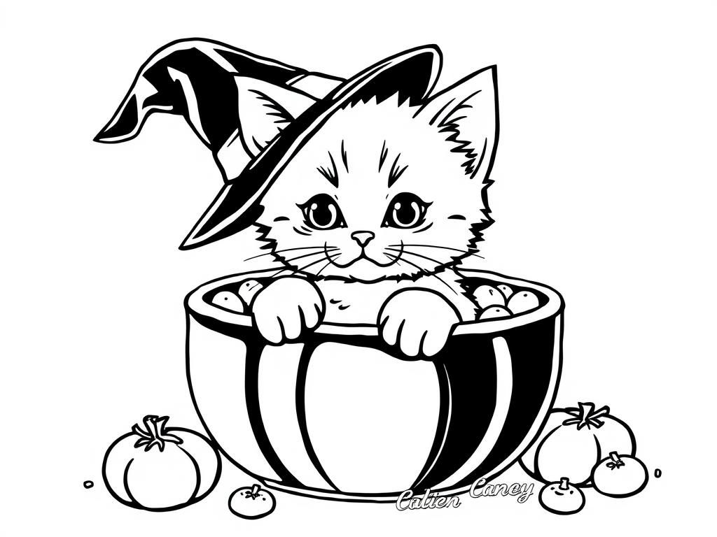 one kitten in a candy bowl with a witch hat