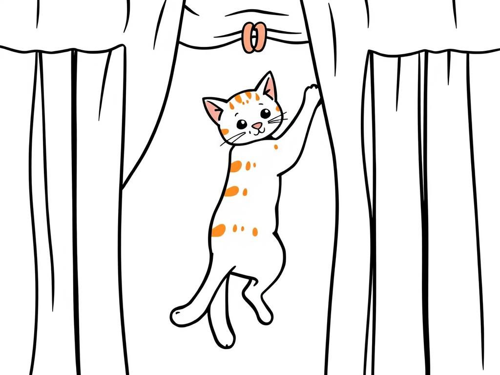 Playful Cat Hanging from Curtains Coloring Page