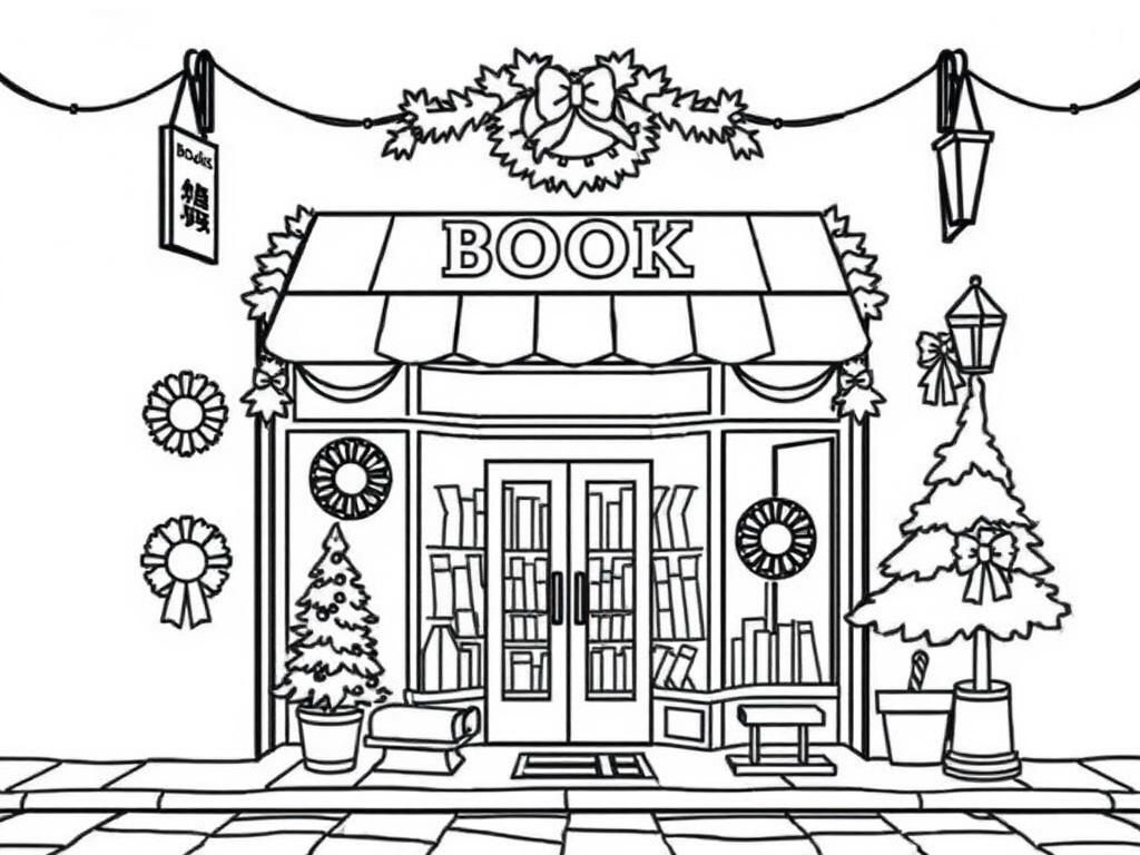 Outside of a book store on a street decorated for Christmas with wreaths and pine trees - Free Printable Coloring Page
