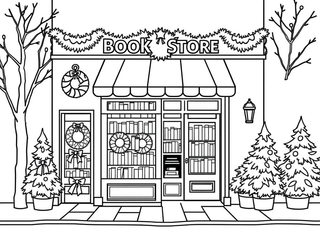 Outside of a book store on a street decorated for Christmas with wreaths and pine trees - Free Printable Coloring Page