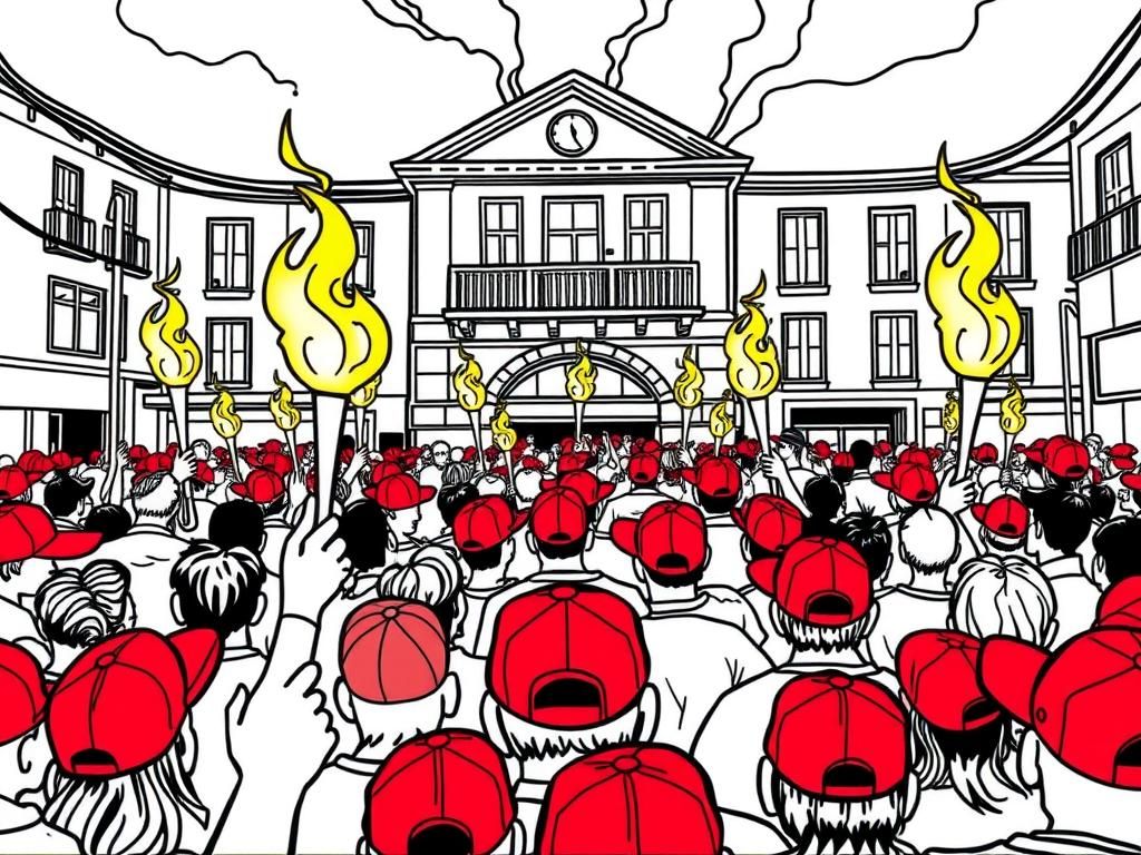 overcrowded area infront of a building on the street with people suffocating moshpit with all characters wearing red baseball caps and yellow flamed torches