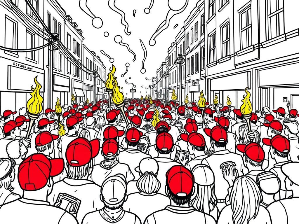 overcrowded area infront of a on the street with people suffocating moshpit with all characters wearing red baseball caps and yellow flamed torches