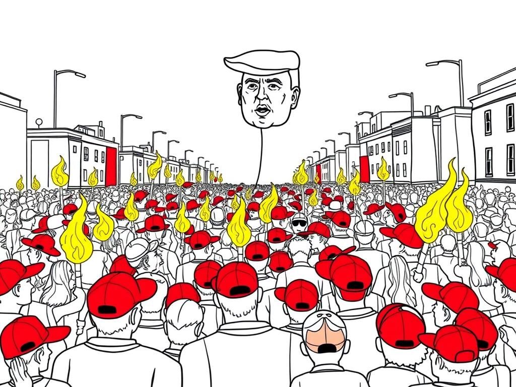 overcrowded area infront of a on the street with people suffocating moshpit with all characters wearing red baseball caps and yellow flamed torches, in the sky a giant inflatable Donald trump