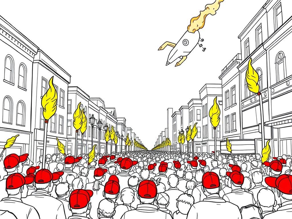 Preview of overcrowded area infront of a on the street with people suffocating moshpit with all characters wearing red baseball caps and yellow flamed torches, in the sky a giant inflatable Elon musk