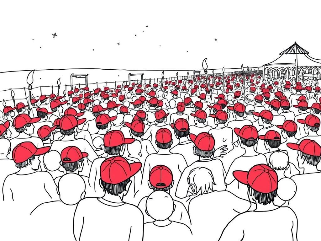 overcrowded Beach with people suffocating moshpit with all characters wearing red baseball caps and torches