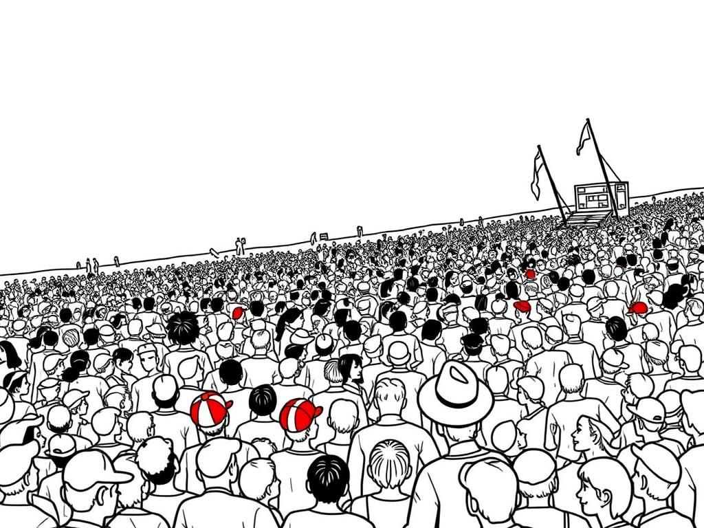 overcrowded Beach with people suffocating moshpit with one hidding Charlie character with a red and white hat