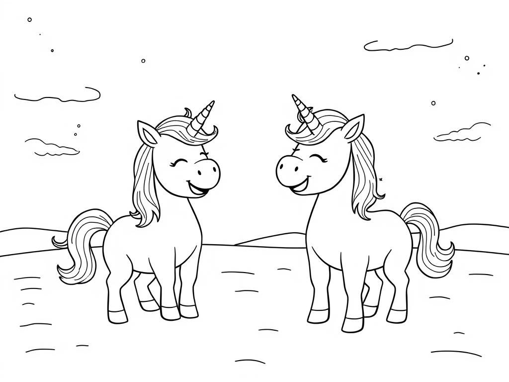 Preview of overly cute unicorns having fun laughing on a wide open space