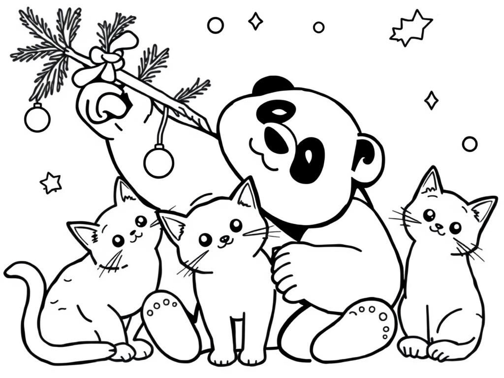panda playing on christmas with cats - Free Printable Coloring Page