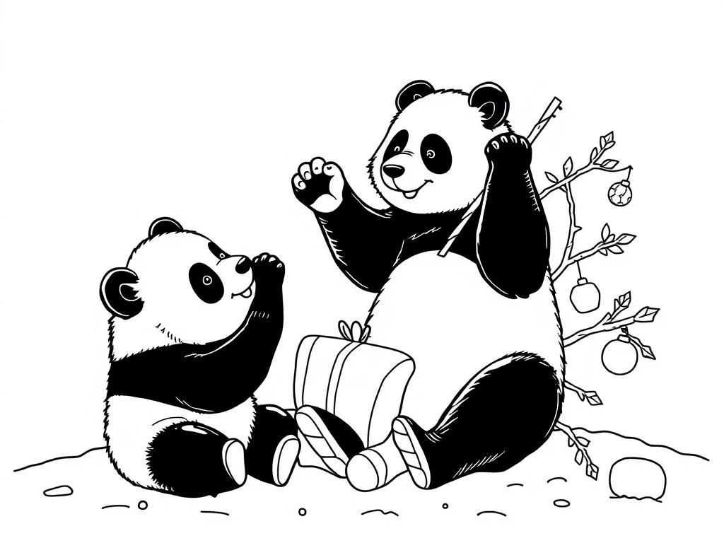 pandas playing on christmas - Free Printable Coloring Page