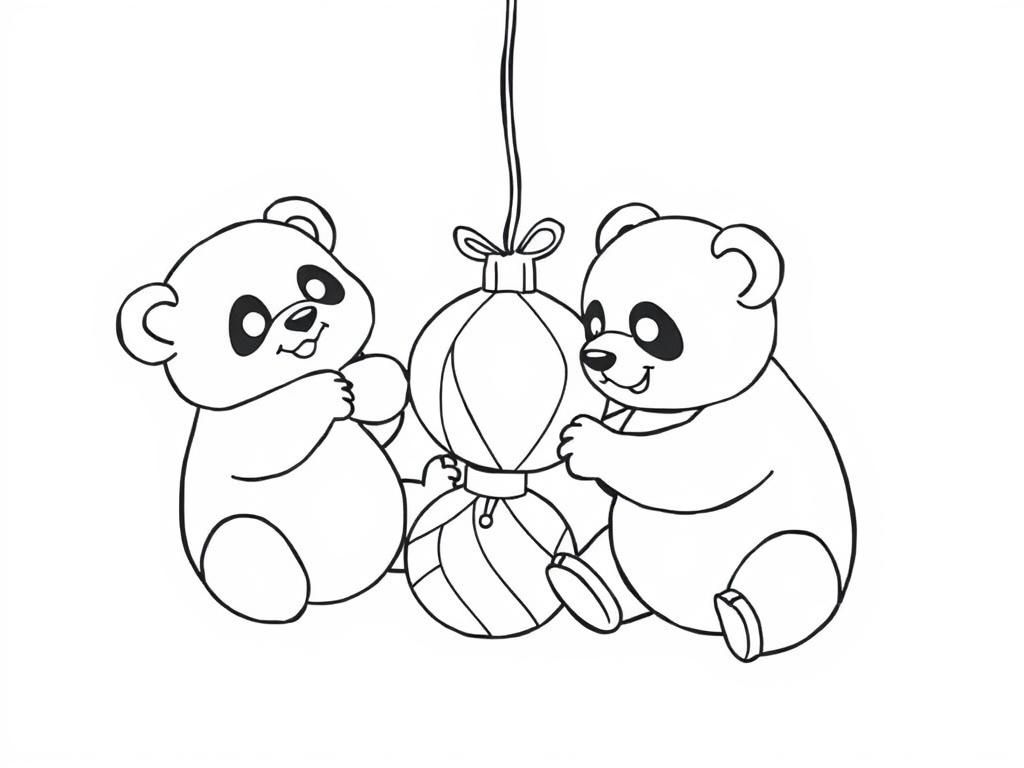 pandas playing on christmas with ornaments - Free Printable Coloring Page