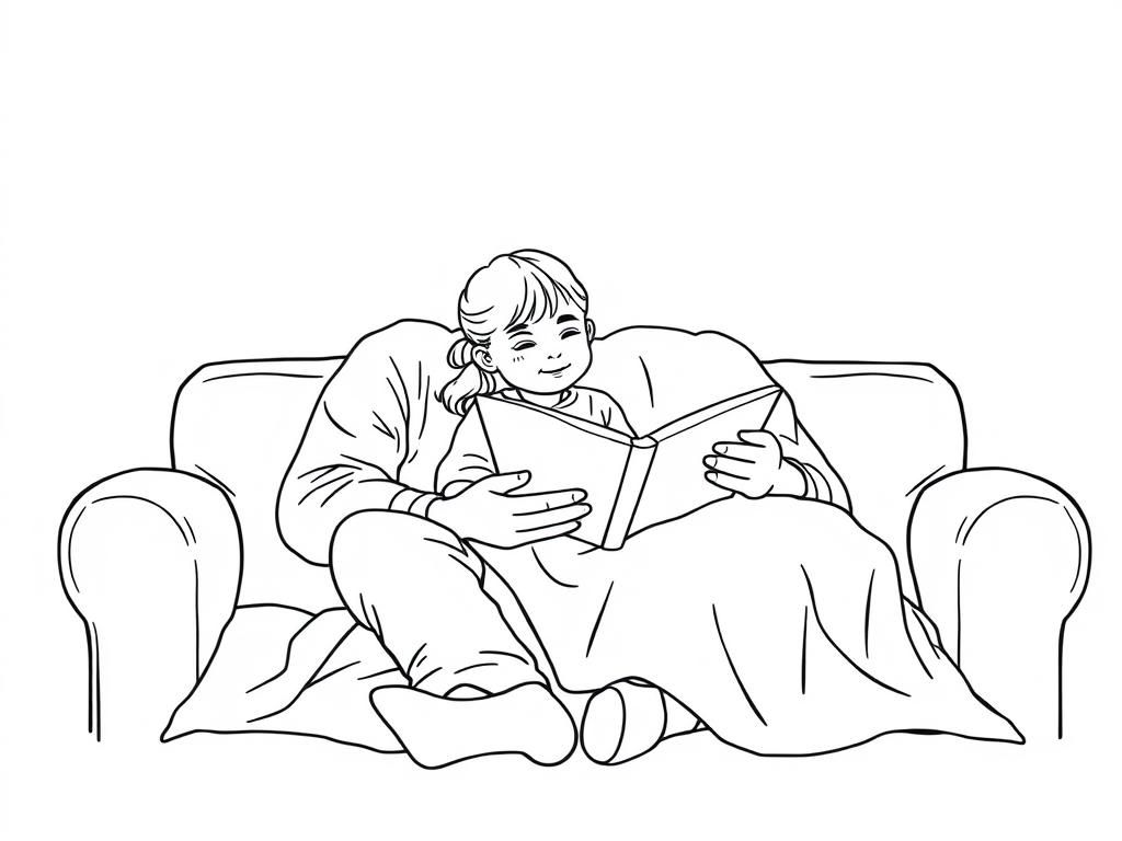 Preview of Papa and two year old daughter sitting on a couch under a blanket while reading a book