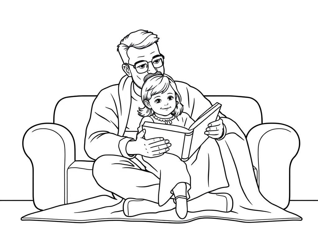 Preview of Papa and two year old daughter sitting on a couch under a blanket while reading a book