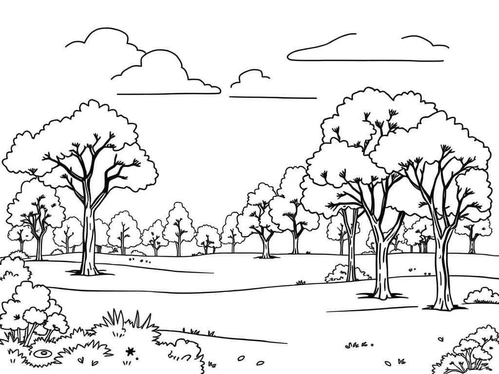 Tree Filled Landscape Coloring Page