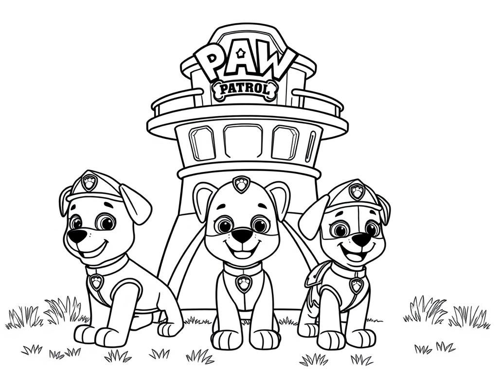 Preview of Paw Patrol coloring page featuring a simple lookout tower with a few pups in front.