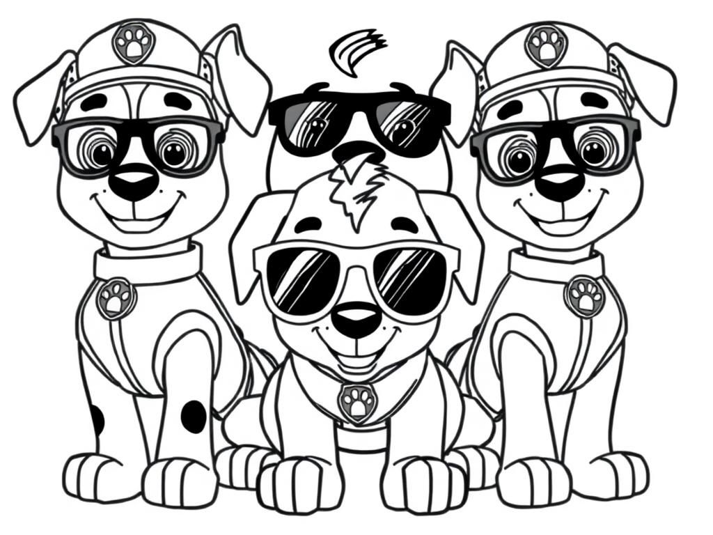 Preview of Paw Patrol coloring page featuring all the pups wearing sunglasses and looking cool.