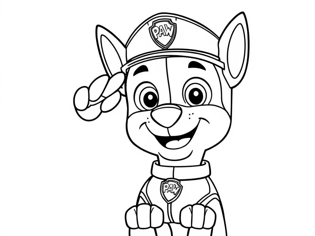 Preview of Paw Patrol coloring page featuring Chase smiling and giving a salute.