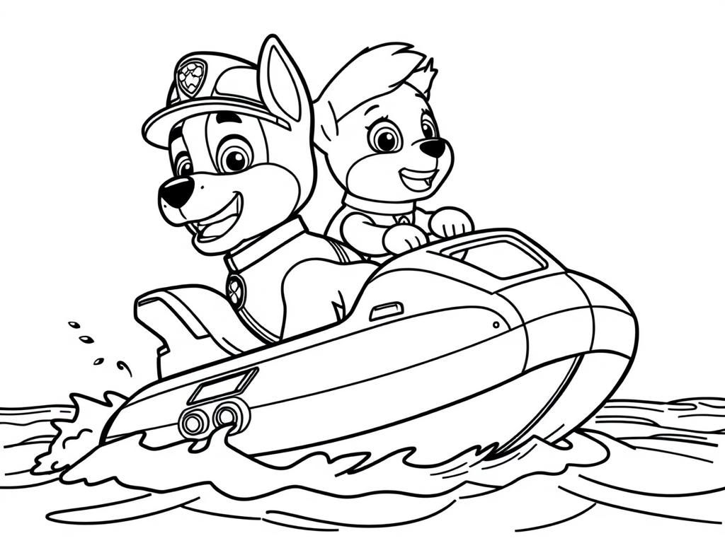 Preview of Paw Patrol coloring page featuring Zuma riding his hovercraft on the water.