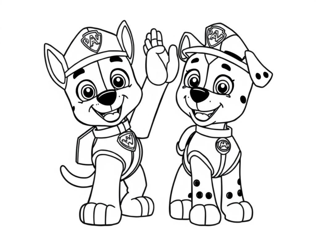 Preview of Paw Patrol coloring page of Chase and Marshall high-fiving each other.