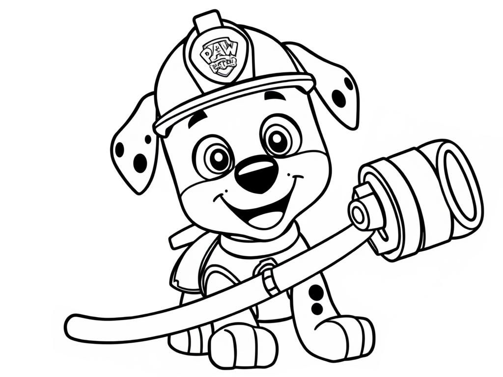 Preview of Paw Patrol coloring page of Marshall happily holding a fire hose.