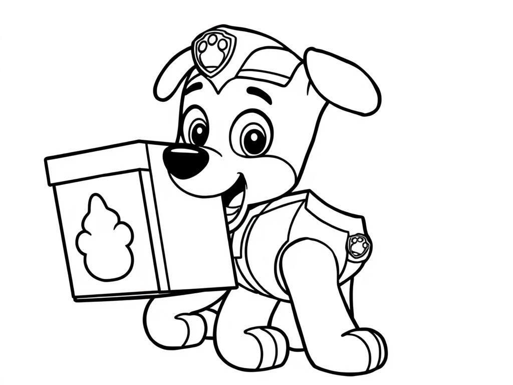 Preview of Paw Patrol coloring page of Rocky carrying a recycling box in his mouth.