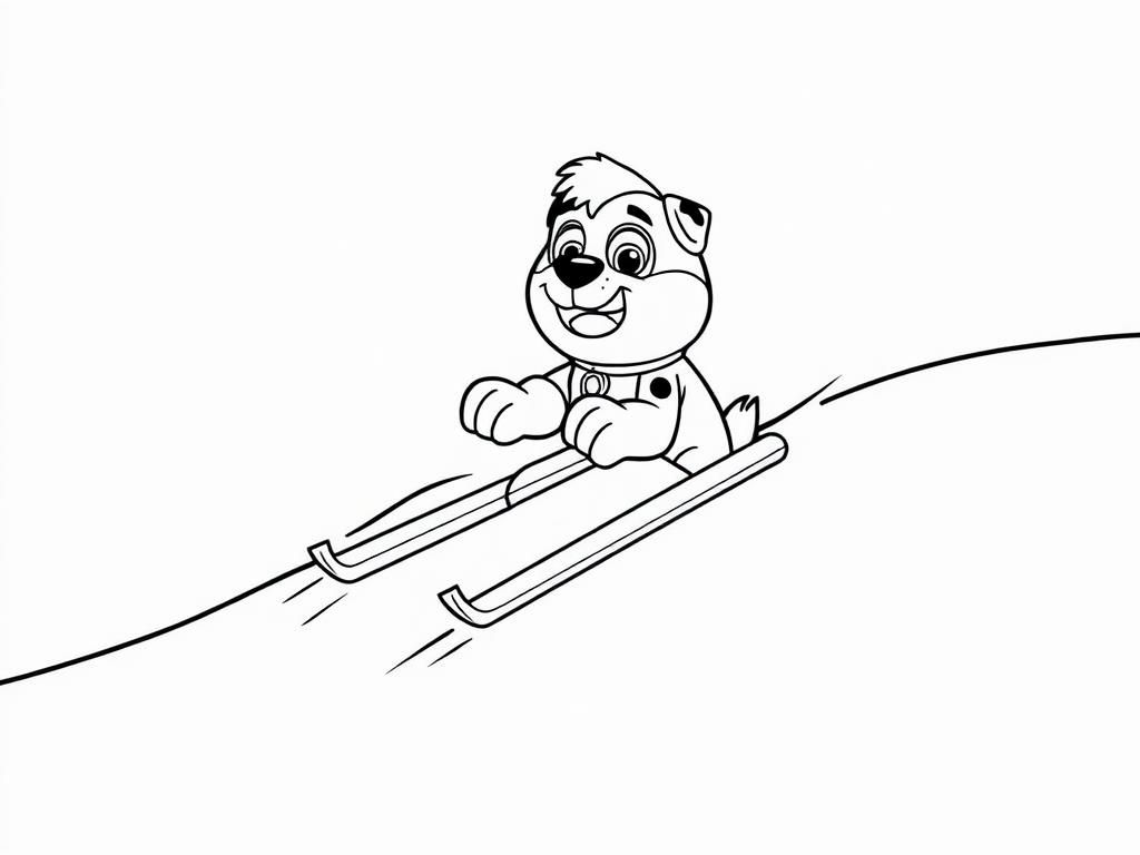 Preview of Paw Patrol coloring page showing Everest sliding down a snowy hill.