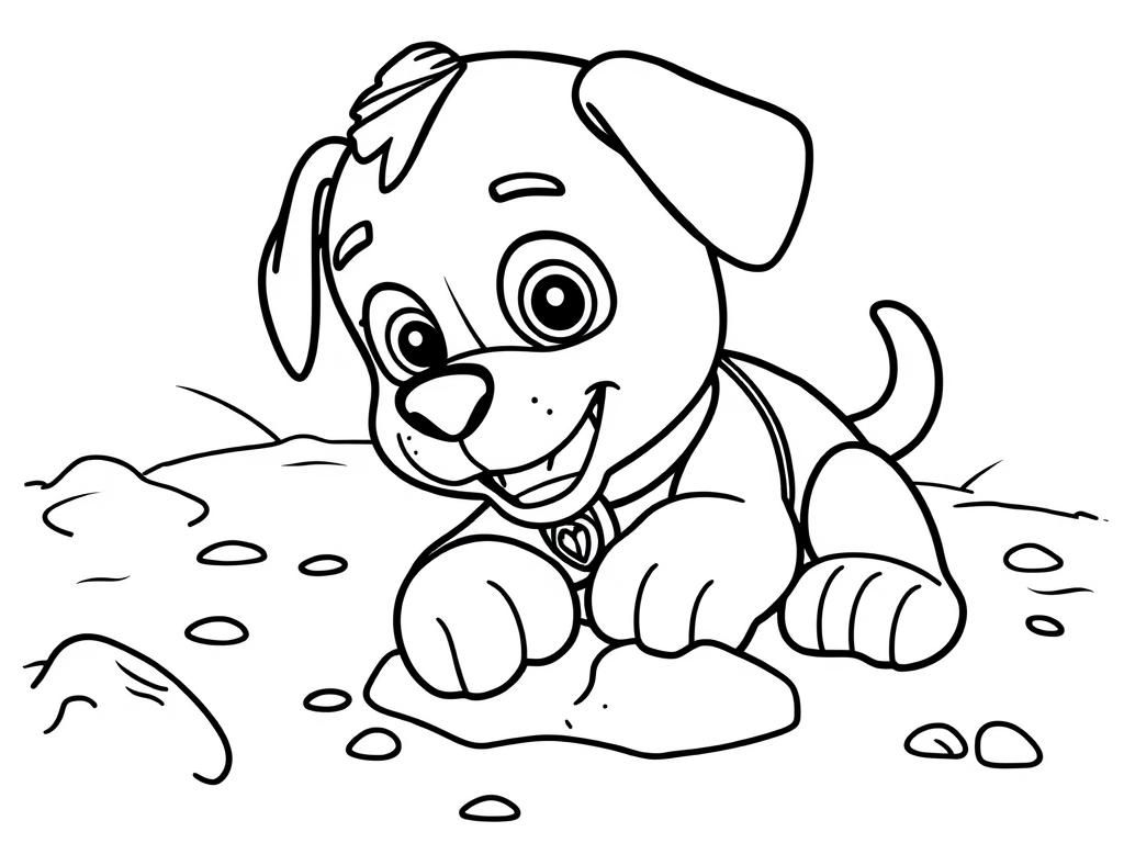 Preview of Paw Patrol coloring page showing Rubble digging in the dirt with his paws.