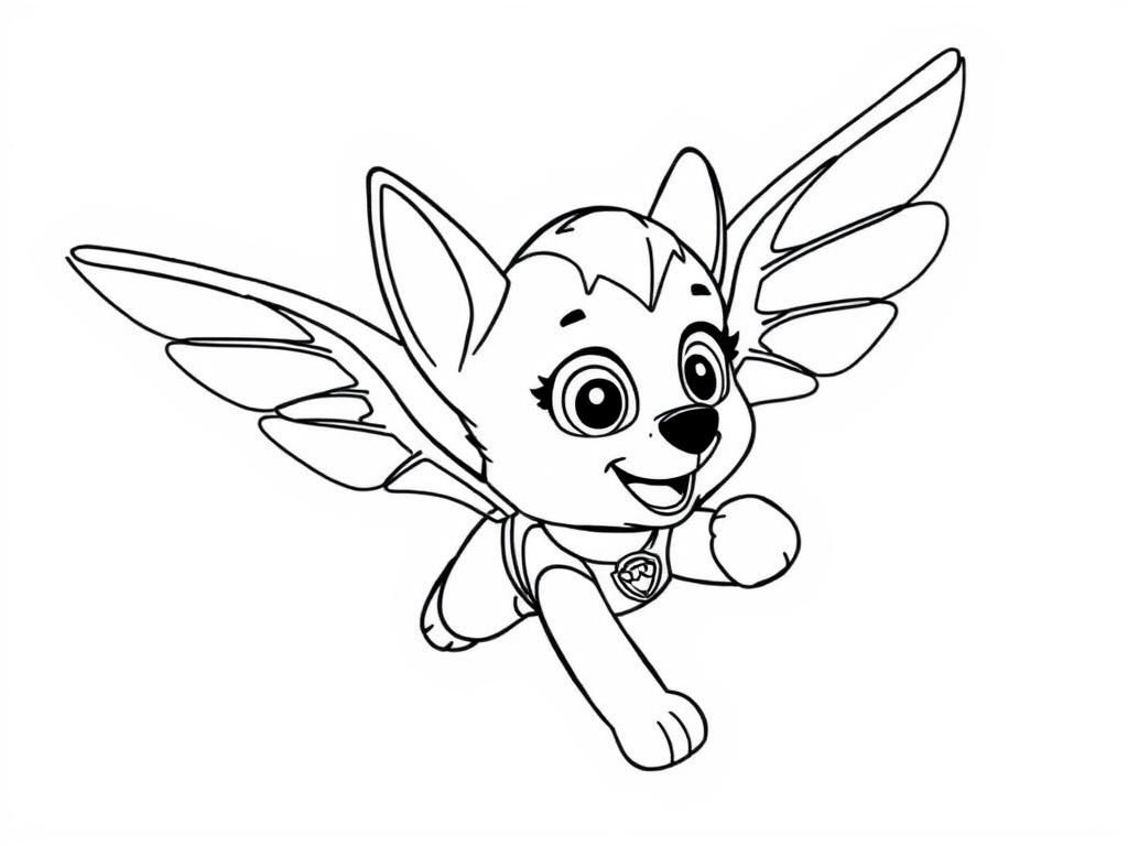 Preview of Paw Patrol coloring page showing Skye flying with her helicopter wings spread out.