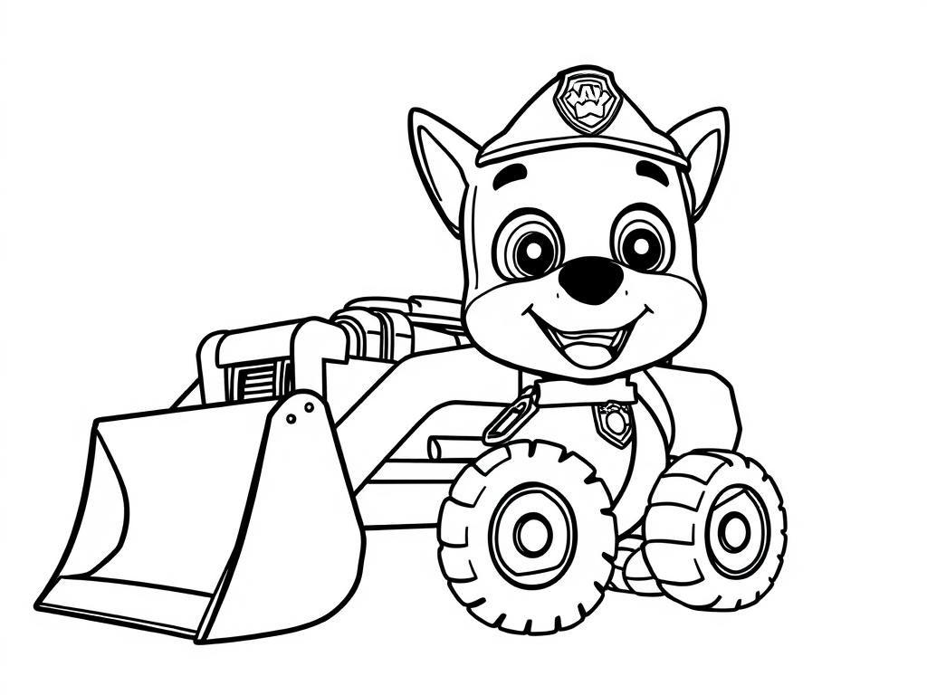 Preview of Paw Patrol coloring page with Rubble sitting next to his bulldozer, ready to work.