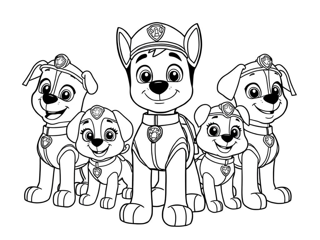 Preview of Paw Patrol coloring page with Ryder standing in the center, surrounded by the pups.