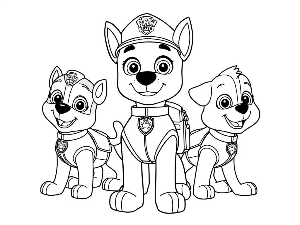 Preview of Paw Patrol coloring page with Ryder standing in the center, surrounded by the pups.