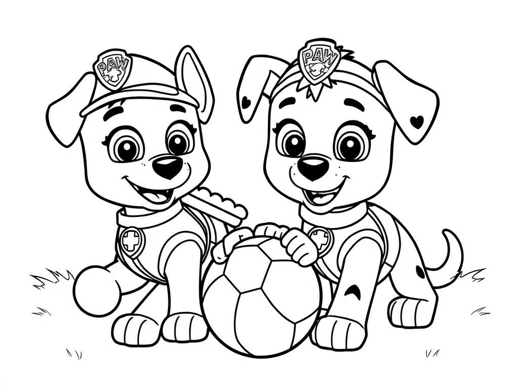 Preview of Paw Patrol coloring page with Skye and Everest playing with a ball.