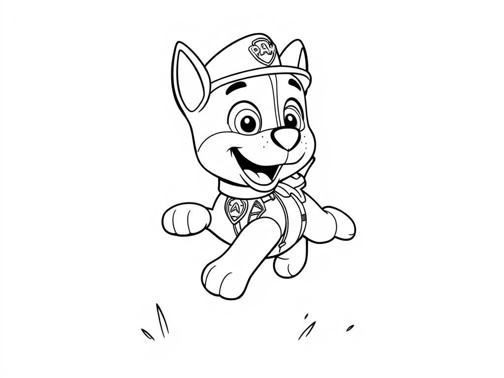 Preview of Paw Patrol coloring page with Tracker playfully jumping in the air.