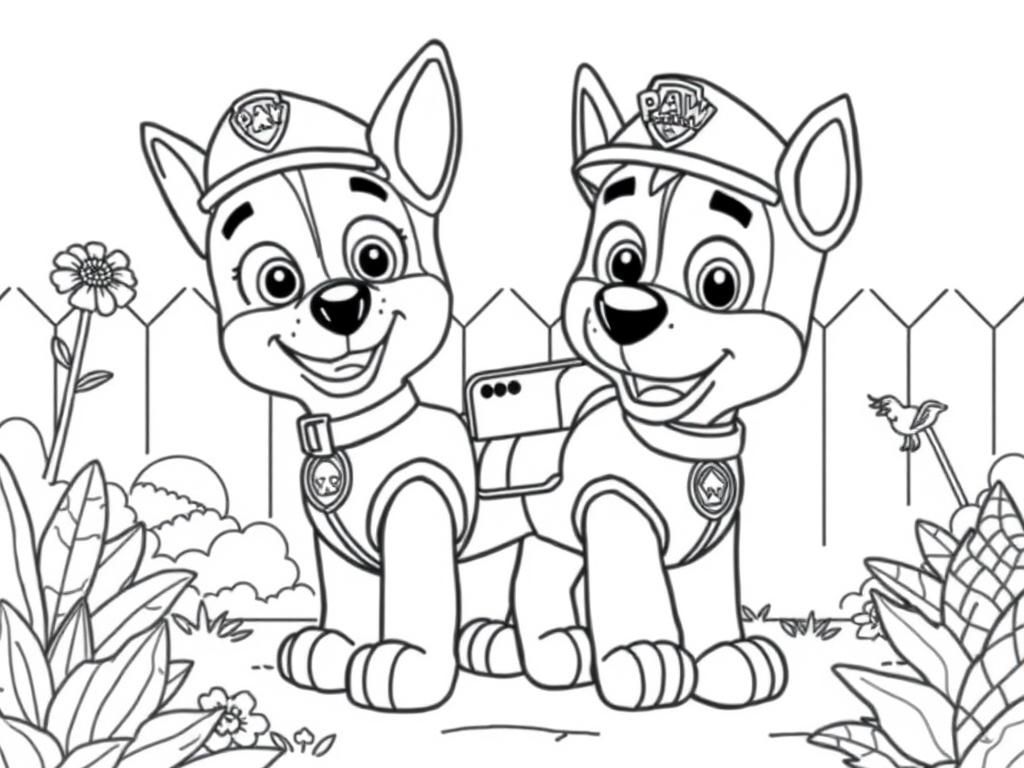 paw patrol's chase is strolling through garden with scrappy doo