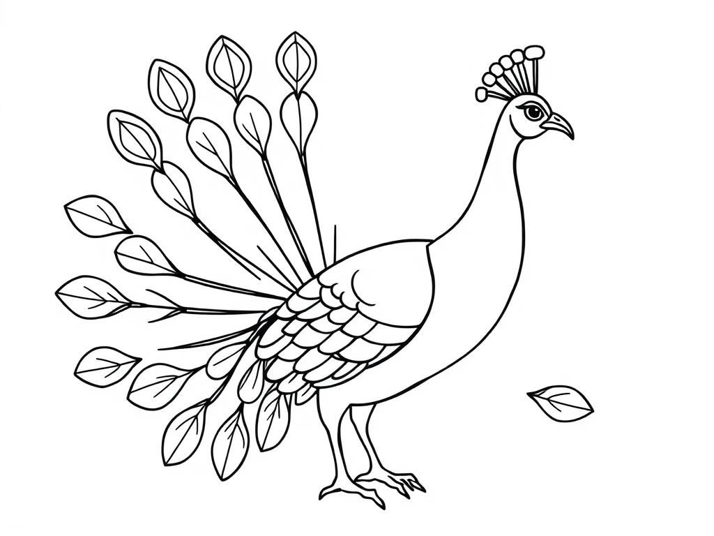 Coloring Page of a Beautiful Peacock in a Vibrant Garden Setting.