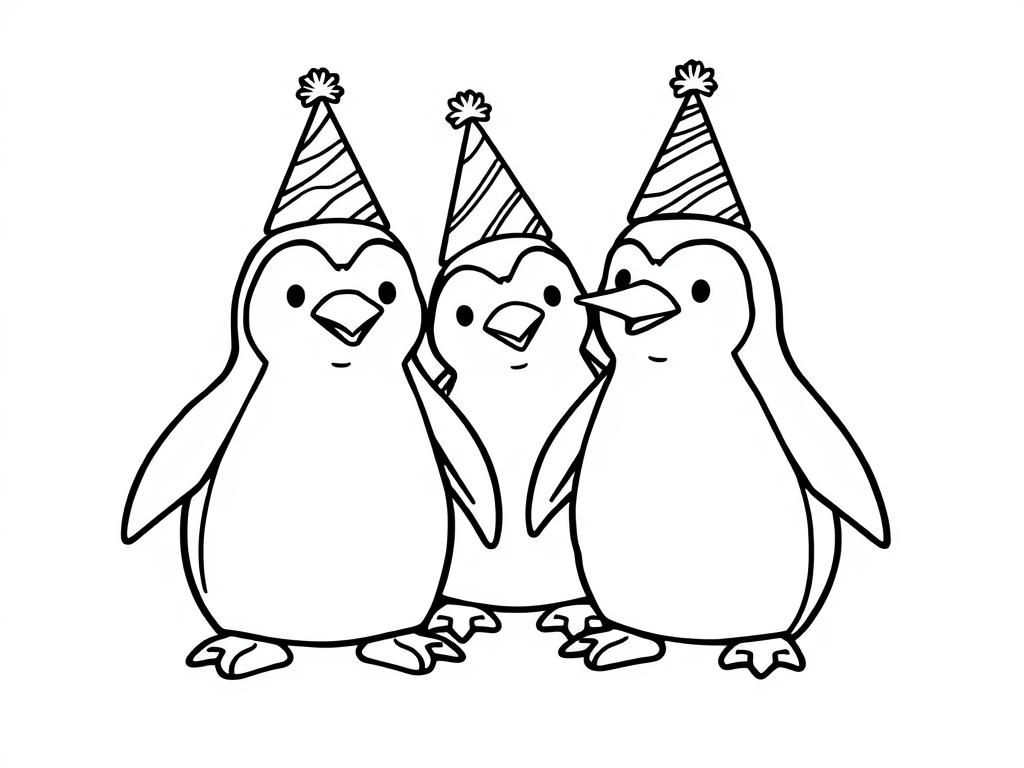 penguins at a birthday party in birthday hats