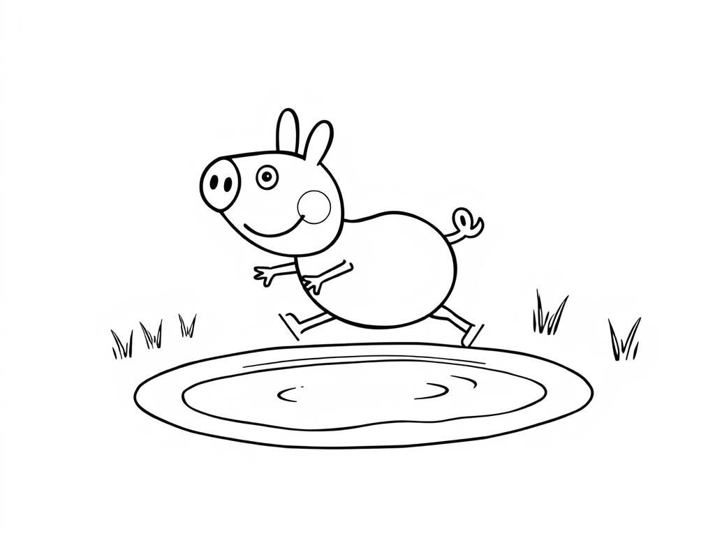 Pig Jumping in Puddle Coloring Page