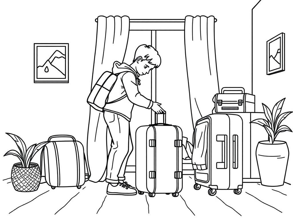 Boy Packing for Travel Coloring Page