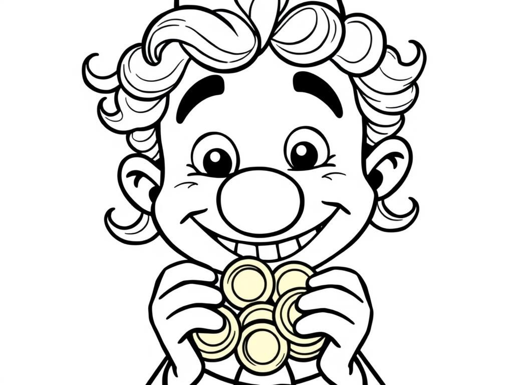 person with big nose greedy smile, beady eyes and curls holding gold coins