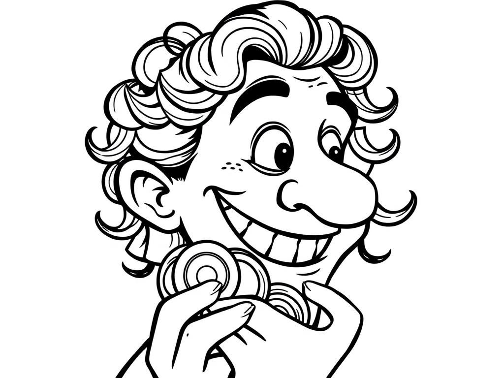 person with hook nose crooked teethy smile, beady eyes and curls holding gold coins in profile