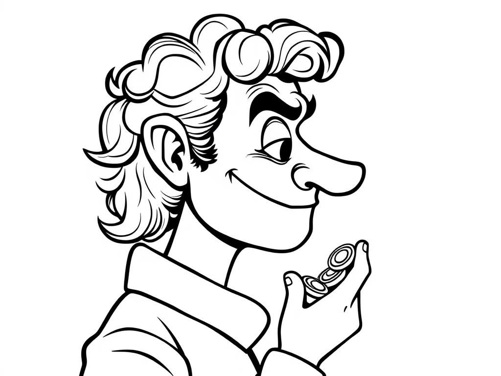 person with hook nose greedy smile, beady eyes and curls holding gold coins in profile